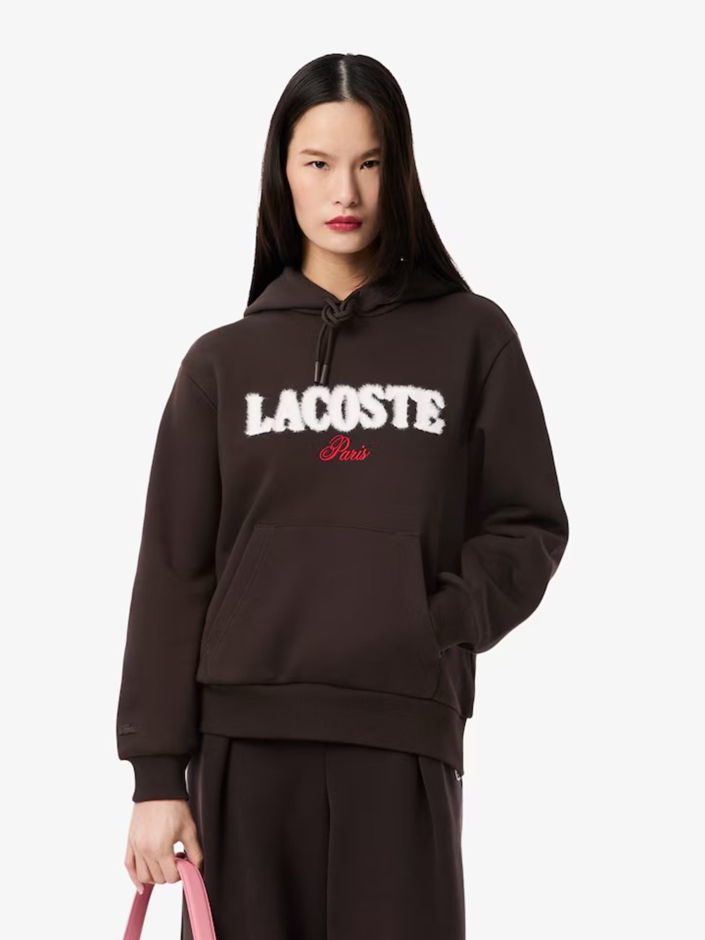 W/ Tags LACOSTE Women's Hoodie Sweatshirt w/Fuzzy Texture Logo 34-2 Brown